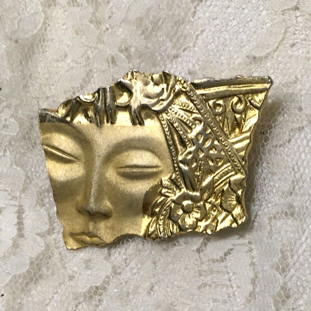 Vintage JJ Jonette Jewelry Brooch Lady Face Mask Floral Detail Gold tone signed